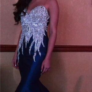 Tarik Ediz Navy Blue and Silver Embellished Gown